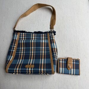 Spartina 449 Combo Plaid Canvas Tote Bag in Navy and Tan with Matching Wallet.